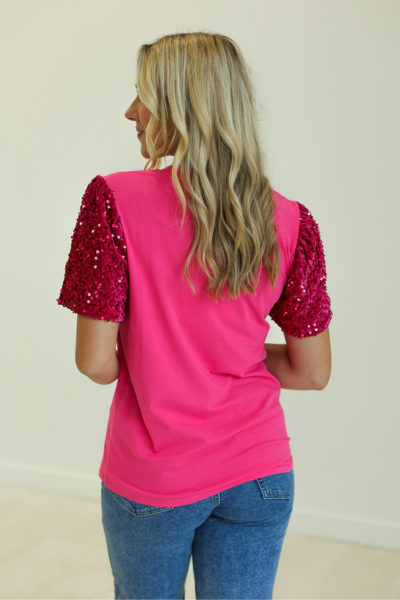 Sequins Puff Sleeve Top, Fuchsia