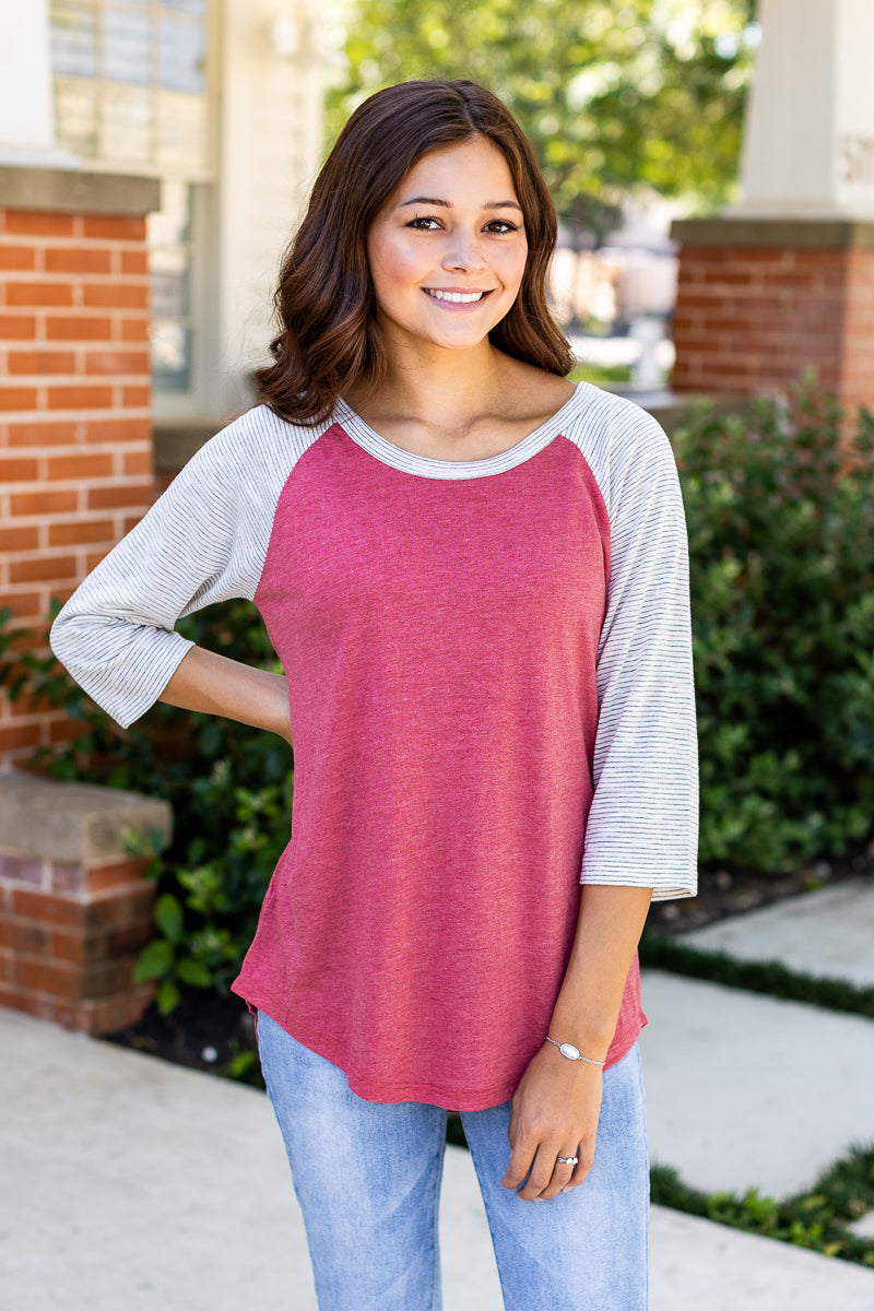 Faded Red & Grey Striped Raglan