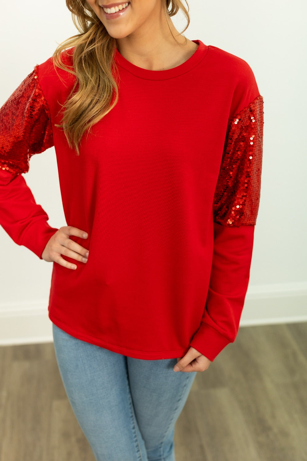 Light Weight Sequins Sweatshirt, Red