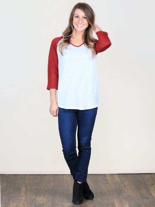 Lilly's White V-Neck Raglan with Garnet Sleeves