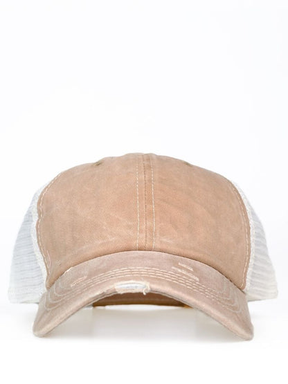 Tan Distressed Hat with Ivory Mesh