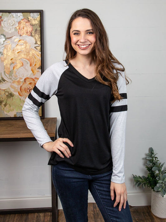 Black Longsleeve Tee with Grey Sleeves & Varsity Stripe