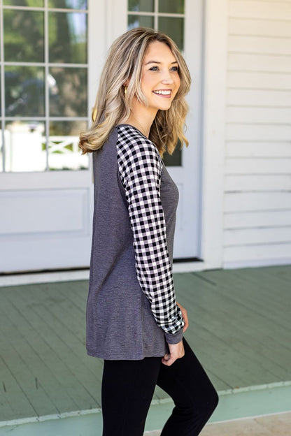 Grey Longsleeve Tee with White Gingham Sleeves