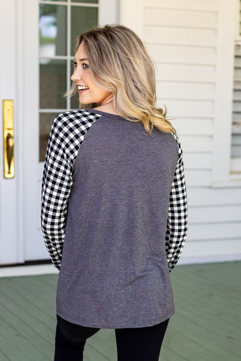 Grey Longsleeve Tee with White Gingham Sleeves