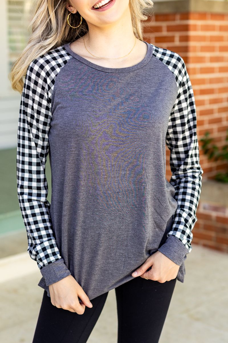 Grey Longsleeve Tee with White Gingham Sleeves