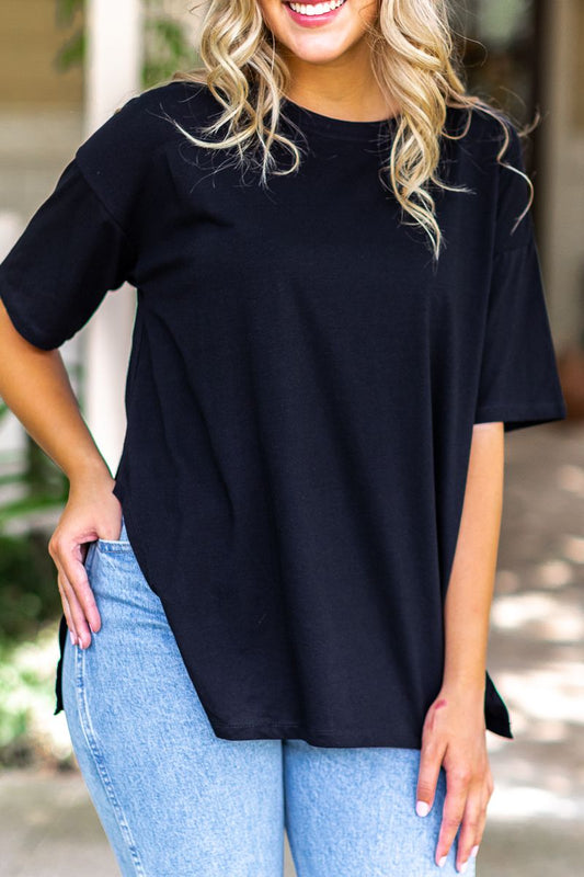 Sweet Side Oversized Tee with Slit in Black