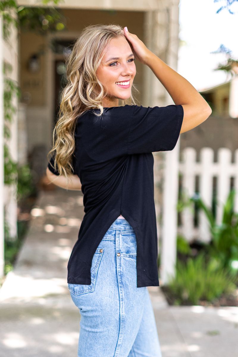 Sweet Side Oversized Tee with Slit in Black