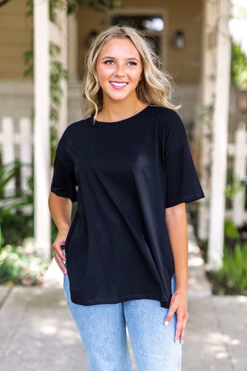 Sweet Side Oversized Tee with Slit in Black