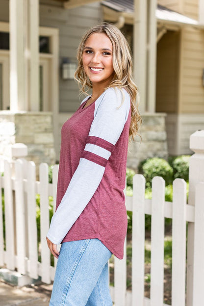 Maroon Longsleeve Tee with Grey Sleeves & Varsity Stripe