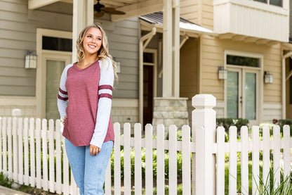 Maroon Longsleeve Tee with Grey Sleeves & Varsity Stripe