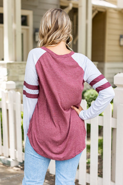 Maroon Longsleeve Tee with Grey Sleeves & Varsity Stripe