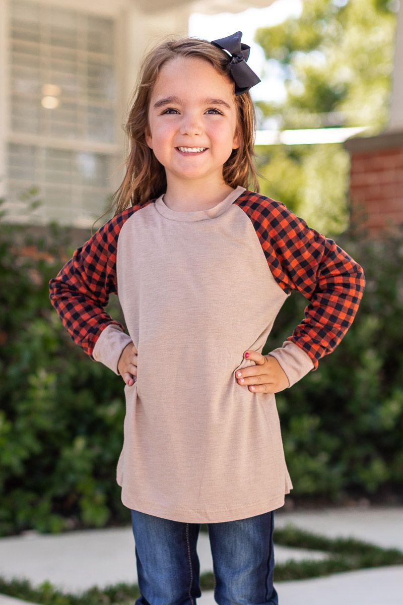 Girls' Tan Longsleeve Tee with Orange Gingham Sleeves