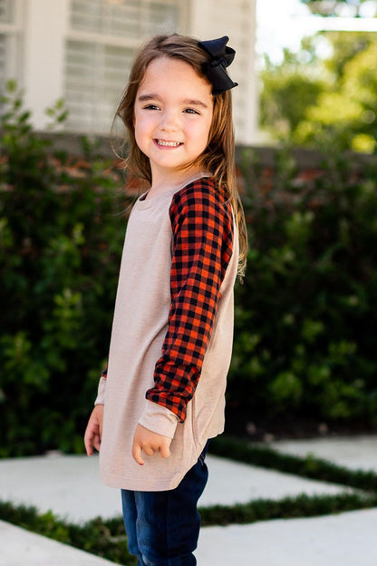 Girls' Tan Longsleeve Tee with Orange Gingham Sleeves