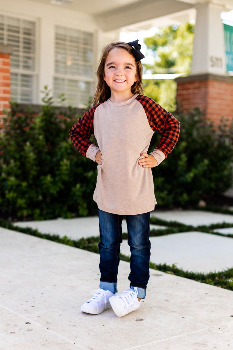 Girls' Tan Longsleeve Tee with Orange Gingham Sleeves