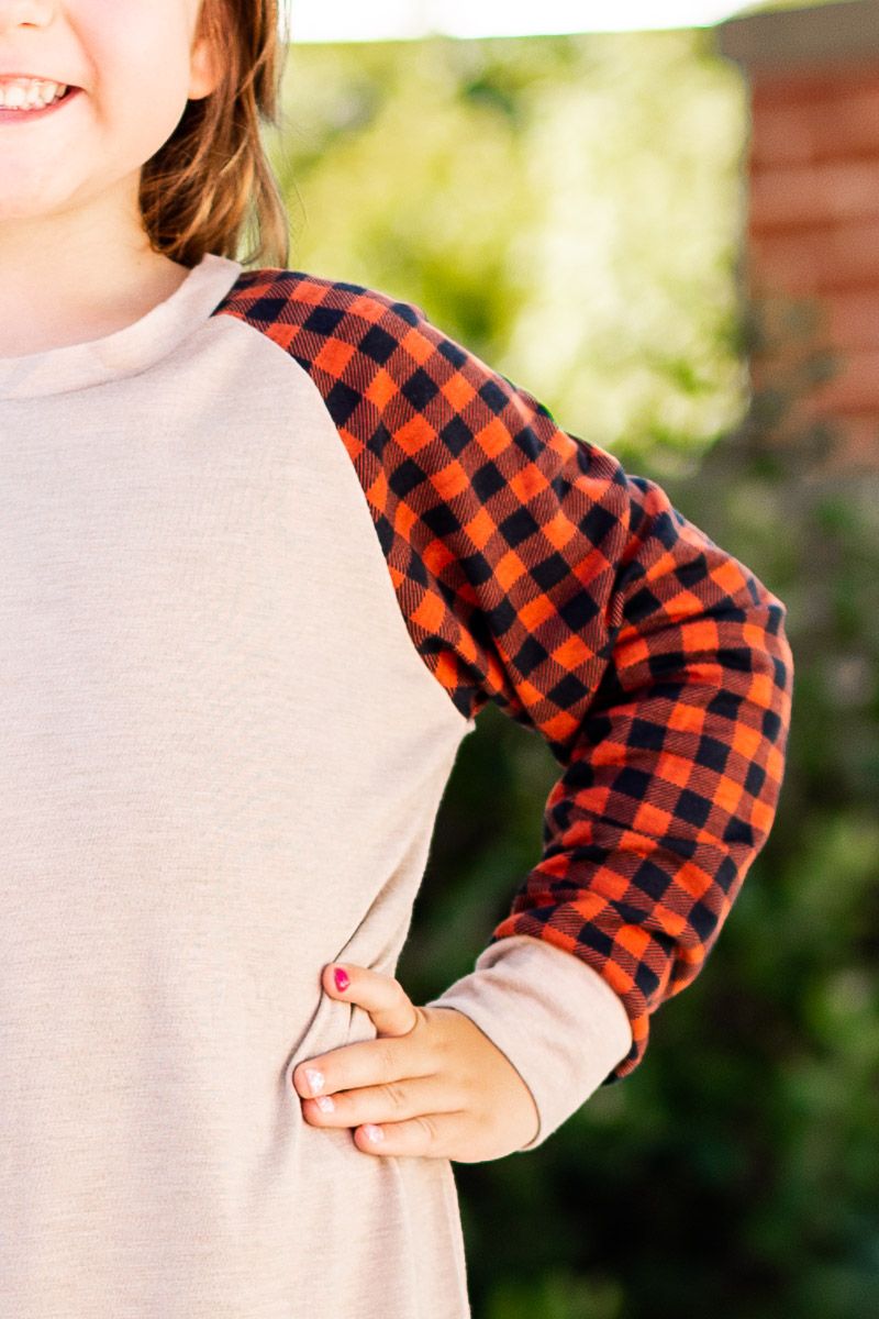 Girls' Tan Longsleeve Tee with Orange Gingham Sleeves