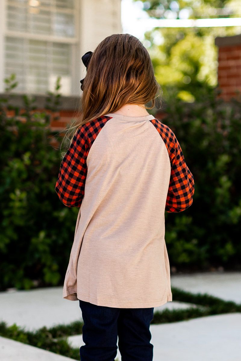 Girls' Tan Longsleeve Tee with Orange Gingham Sleeves