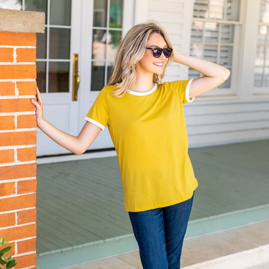 Trim It Down Short Sleeves Ringer T-Shirt, White And Mustard