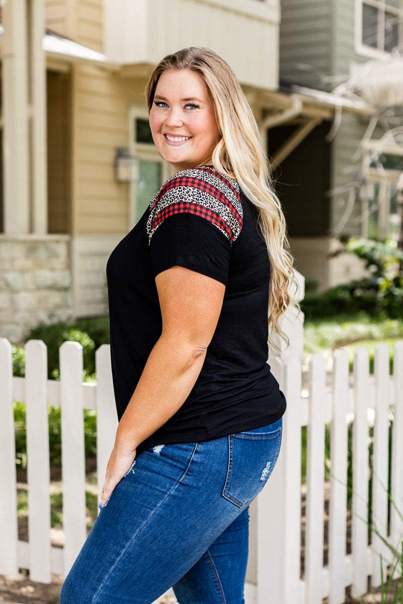 You Can't Sleeve Me Alone Black Short Sleeves T-Shirt with Leopard and Red Checkers