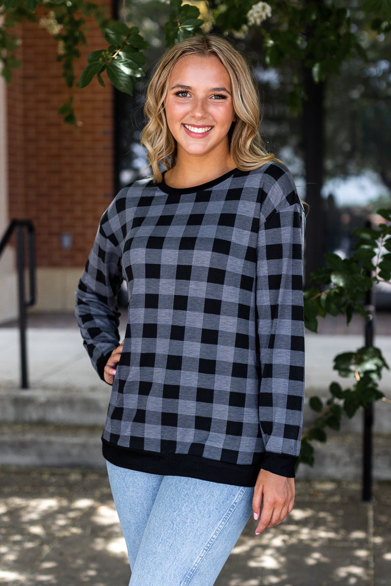 Plaid With Me Long Sleeves T-Shirt, Grey