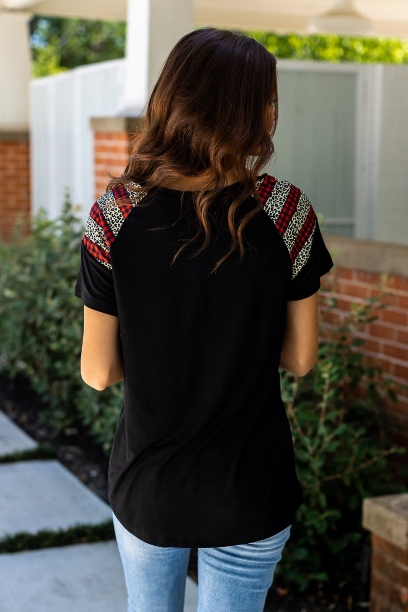 You Can't Sleeve Me Alone Black Short Sleeves T-Shirt with Leopard and Red Checkers