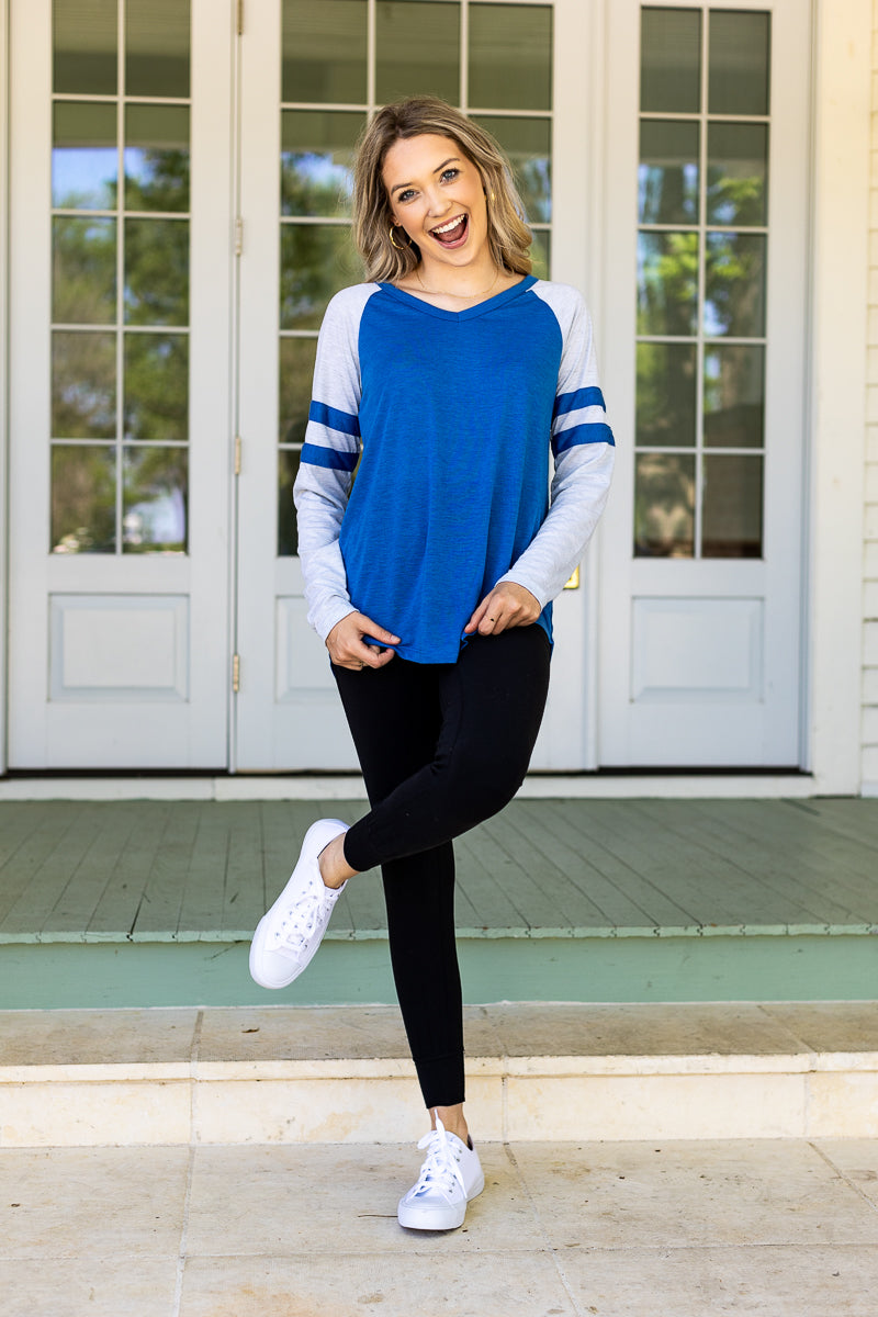 Royal Blue Long sleeve Tee with Varsity Stripe