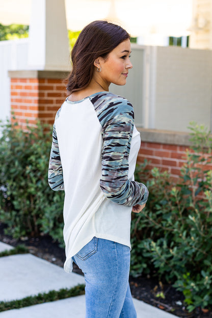 White Longsleeve Tee with Camo Print Sleeves