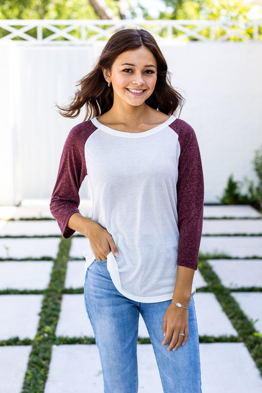 White 3/4 Tee with Maroon Sleeves