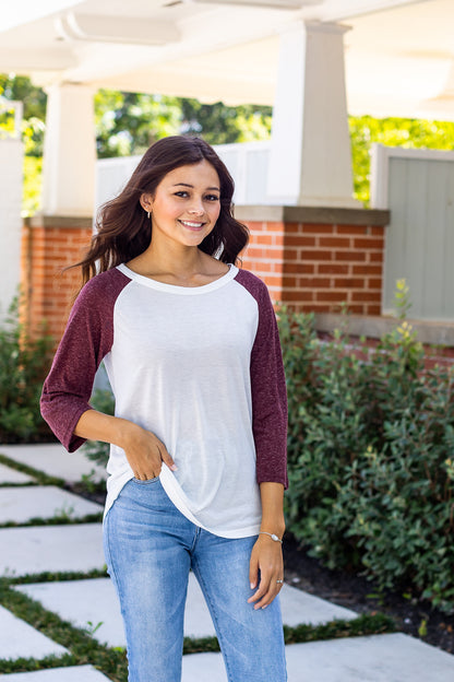 White 3/4 Tee with Maroon Sleeves