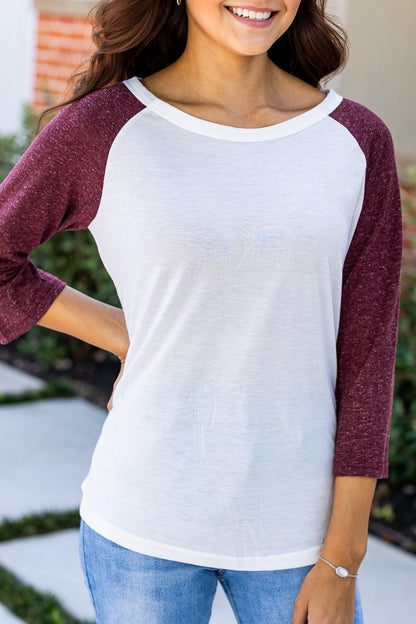 White 3/4 Tee with Maroon Sleeves