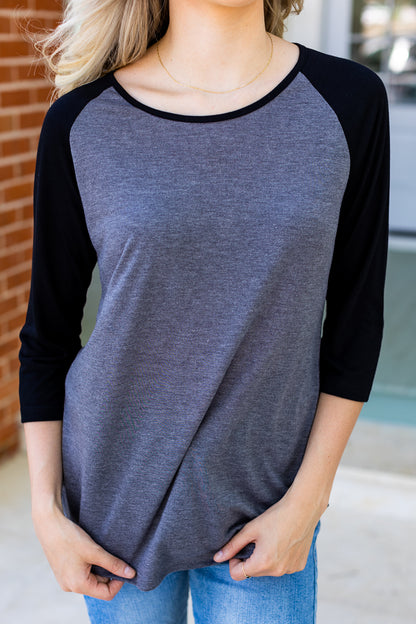 Precision Stripes: Grey & Black Striped Baseball Raglan