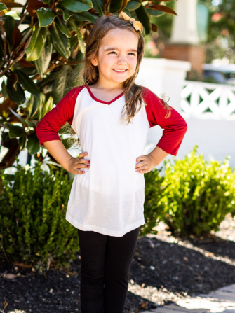 Girls' White 3/4 Red Sleeve Raglan