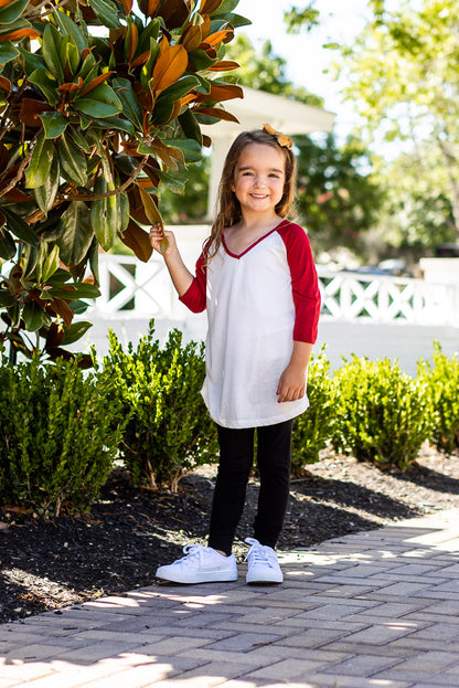 Girls' White 3/4 Red Sleeve Raglan