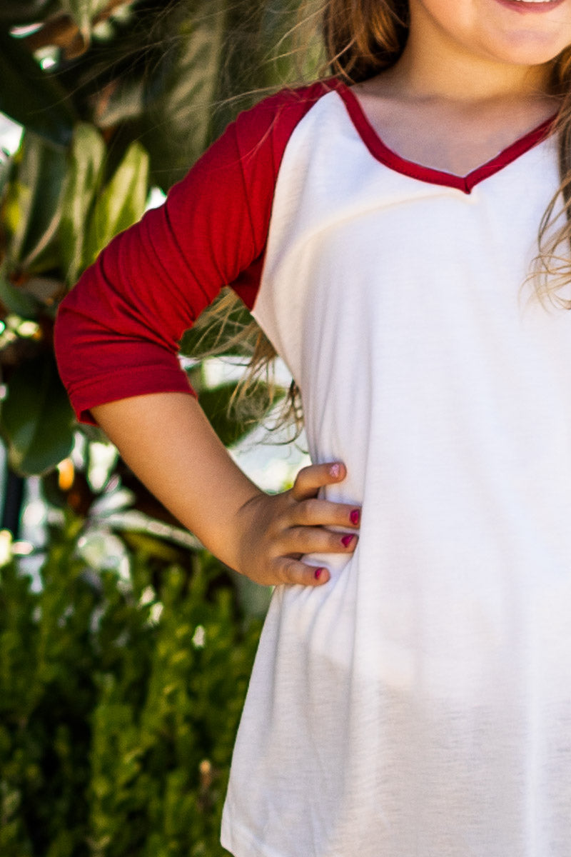 Girls' White 3/4 Red Sleeve Raglan