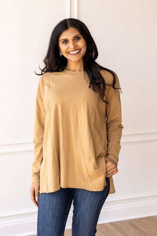 Tan Long-sleeved T-shirts With Side Stitching