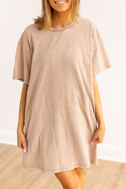 The Kiki Beige Wash Tee Shirt Dress With Pockets