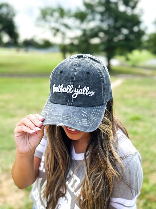 White Football Y'all Embroidery on Charcoal Hat