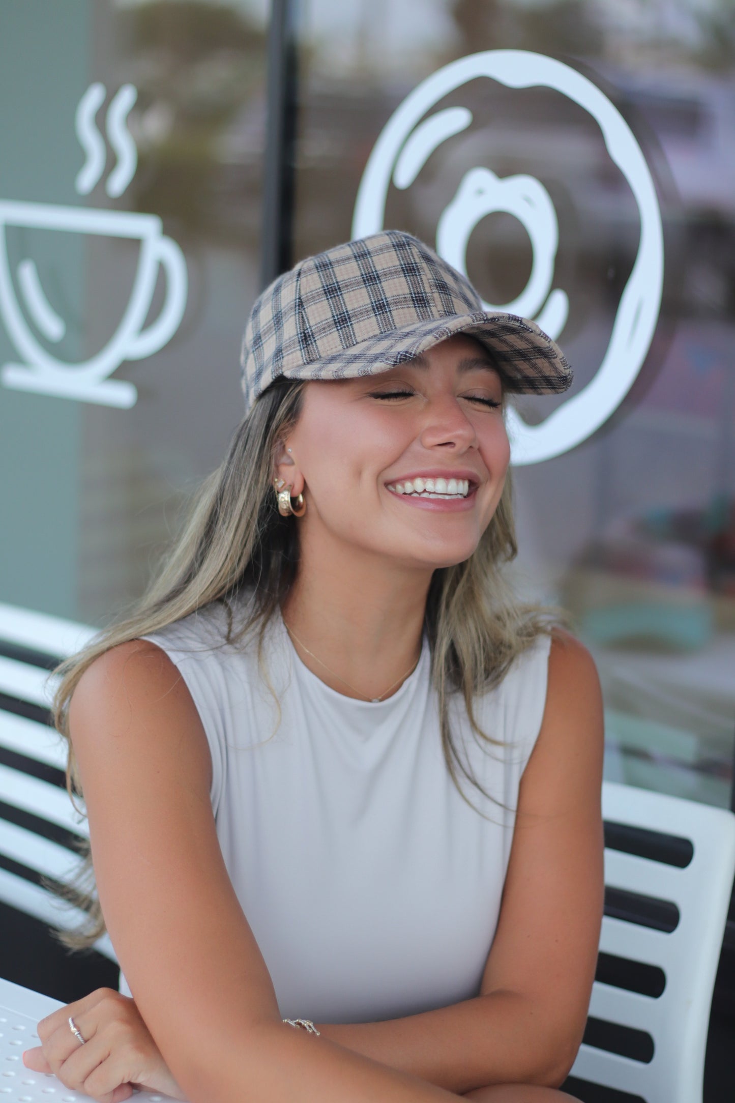 Beige & Black Plaid Hat