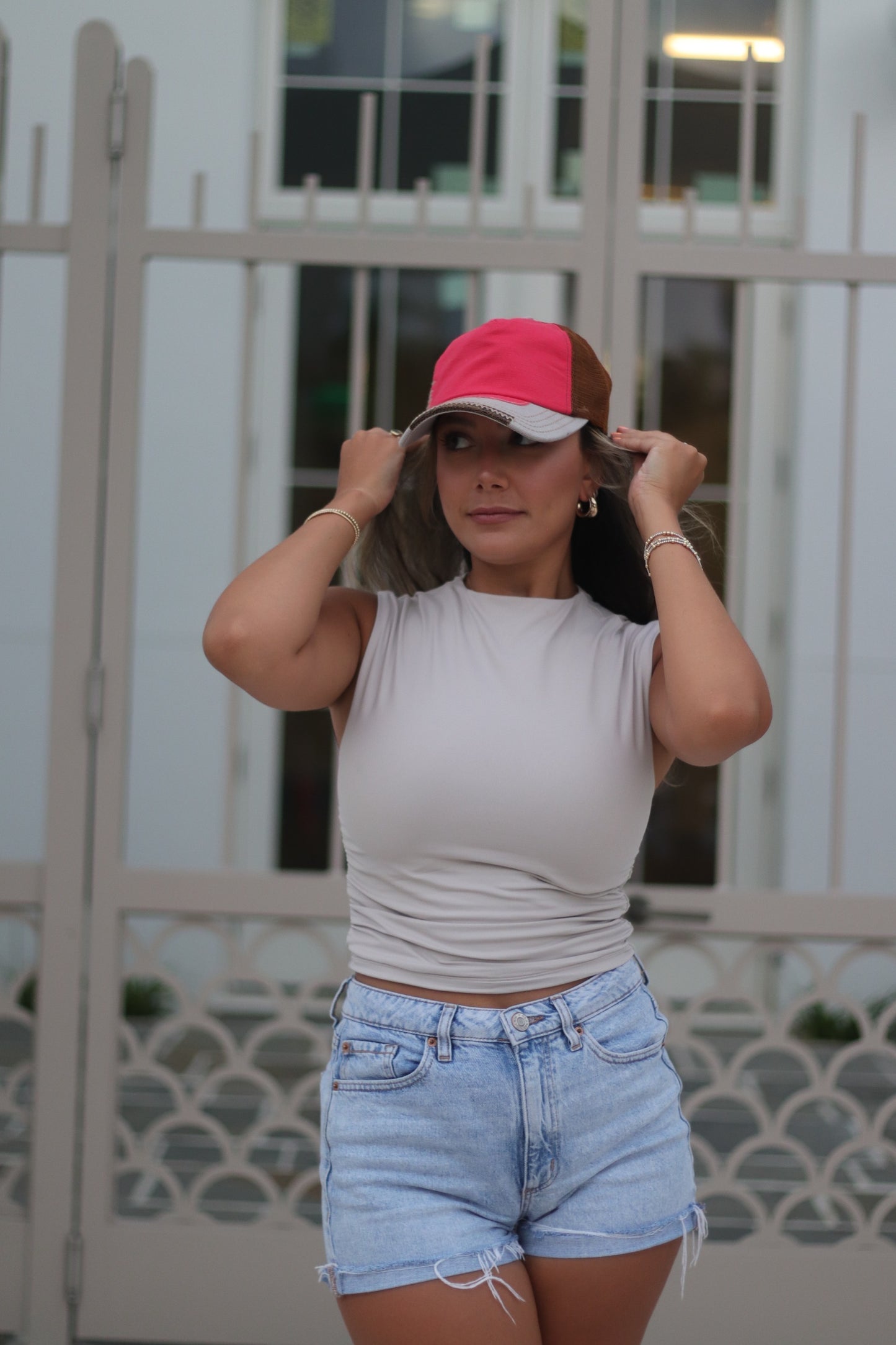 Red and Grey Hat with Brown Mesh