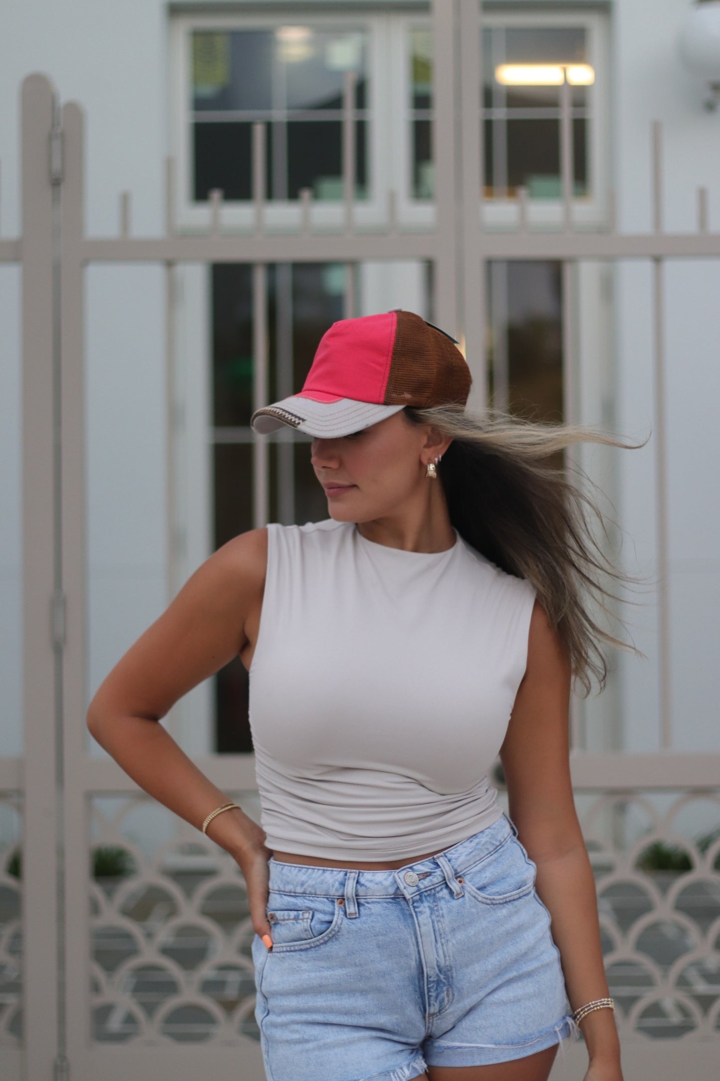 Red and Grey Hat with Brown Mesh