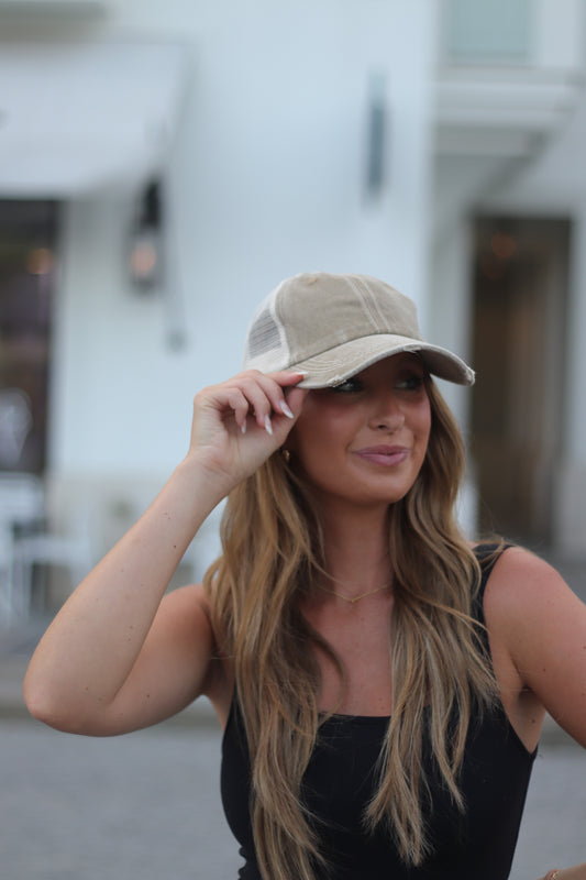 Tan Distressed Hat with Ivory Mesh