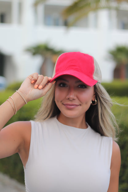 Red High Ponytail Hat with Beige Mesh