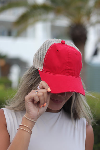 Red High Ponytail Hat with Beige Mesh