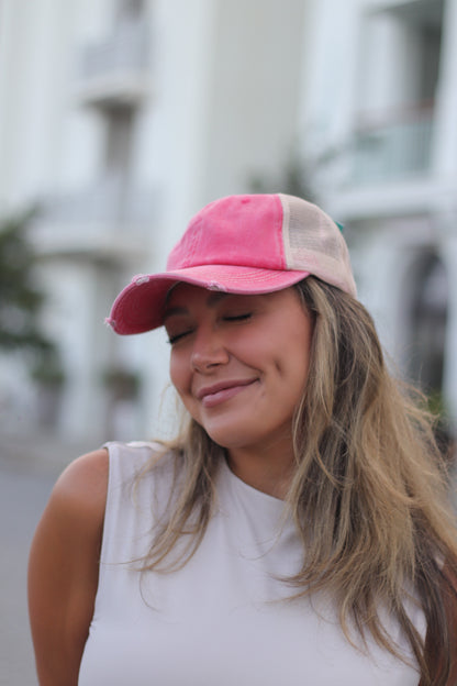 Coral Distressed Hat with Tan Mesh