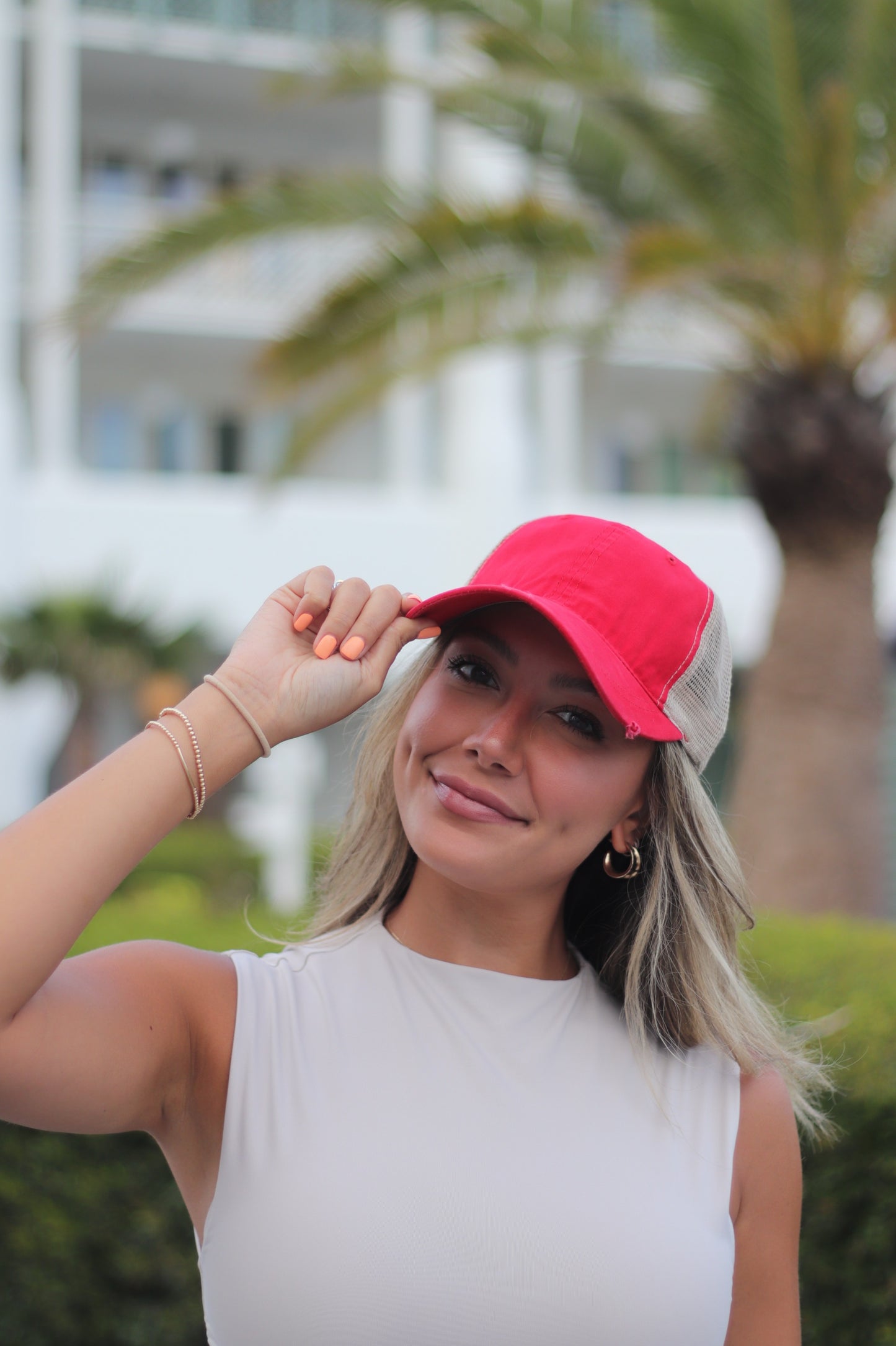 Red High Ponytail Hat with Beige Mesh