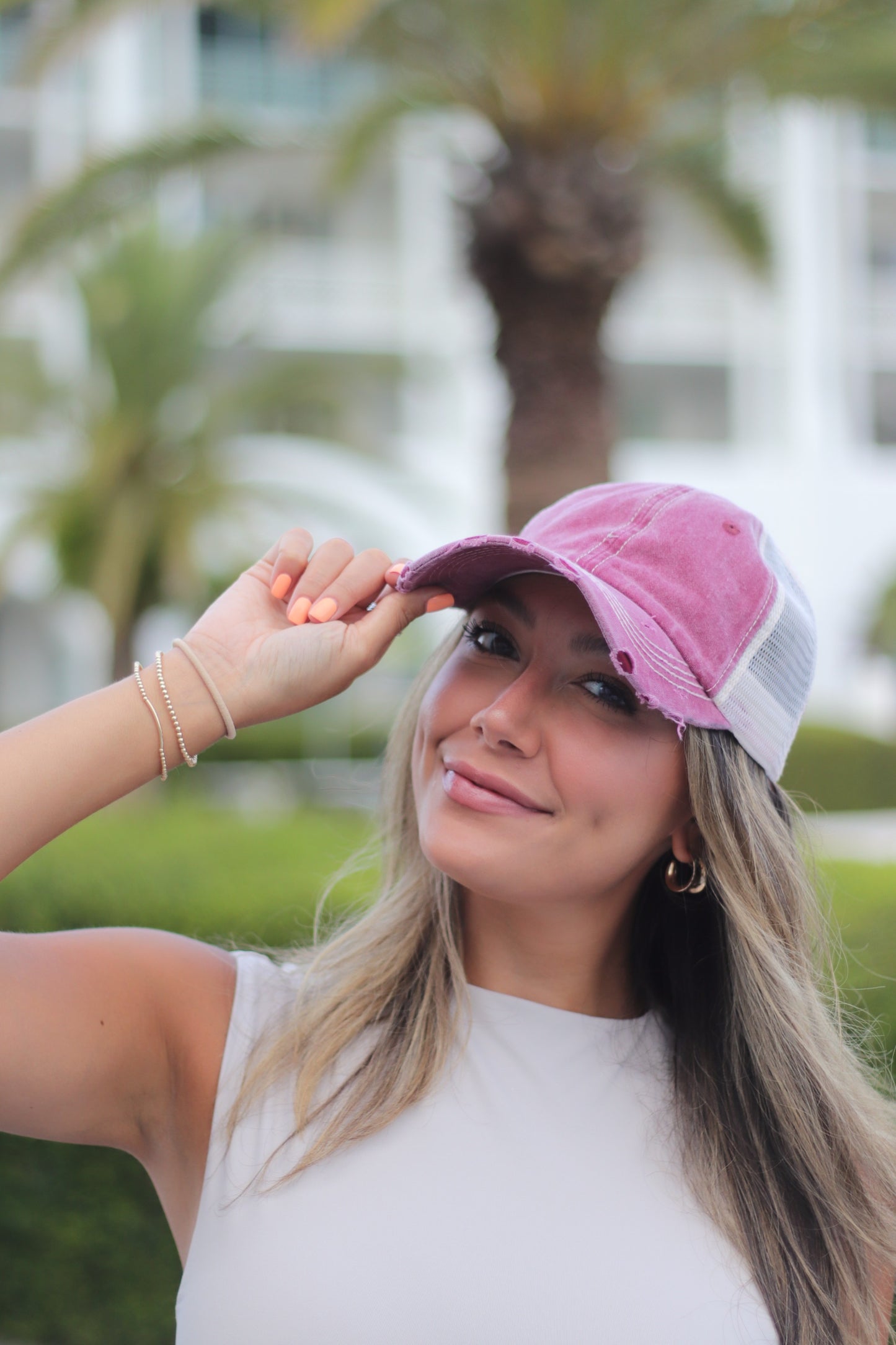 Vintage Maroon Distressed Hat with Beige Mesh