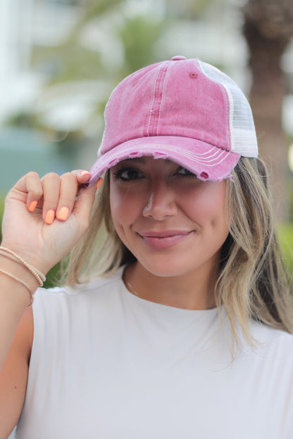 Vintage Maroon Distressed Hat with Beige Mesh