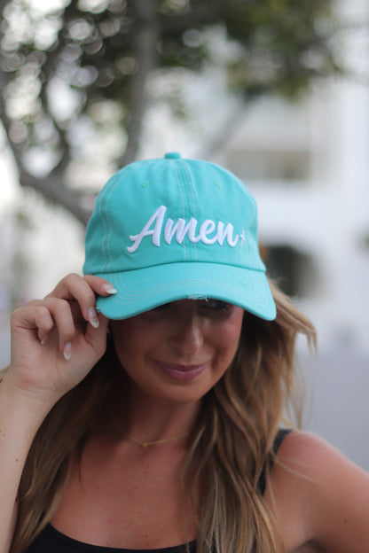 White Amen Embroidery on Turquoise Hat