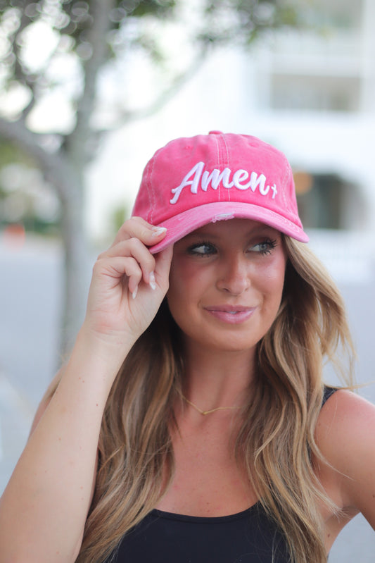 White Amen Embroidery on Bright Red Hat