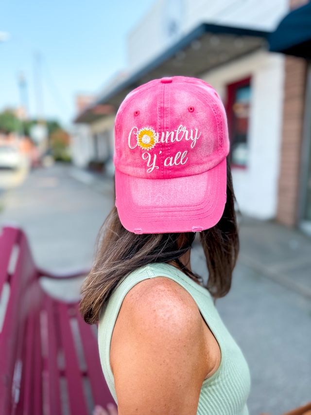 Country Y'all Embroidery on Distressed Red Hat