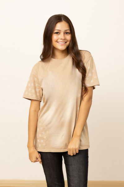 Beige Acid Wash Tee with Stars